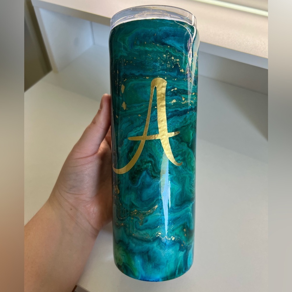 Teal and Gold Monogram 20oz Tumbler Featuring The Initial “A” - Picture 3 of 6